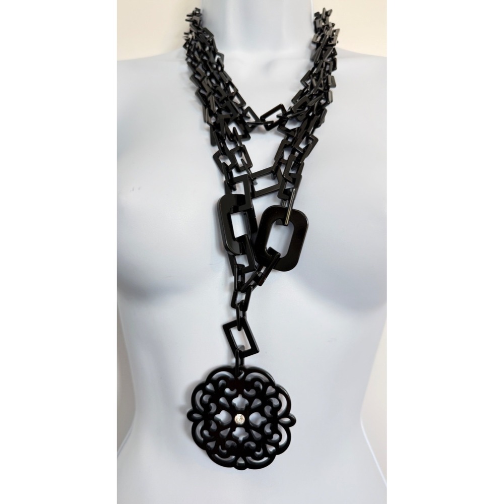 NEW Rara Avis by Iris Apfel Black TRIPLE STRAND ACYLIC FLORAL  Necklace  RARE